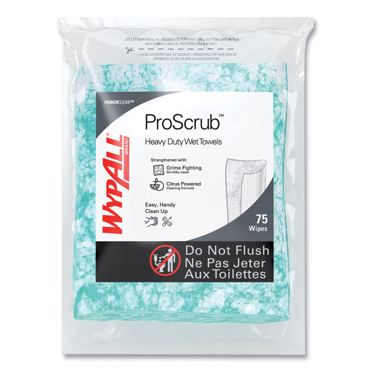 Power Clean ProScrub Pre-Saturated Wipes, 12 x 9.5, Citrus Scent, Green, 75/Pack, 6 Packs/Carton