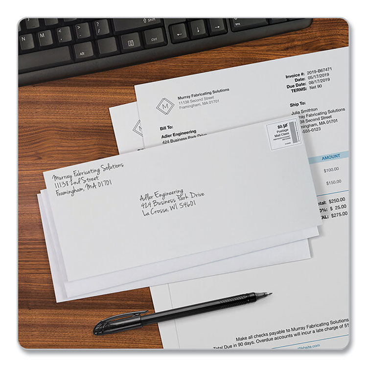 Business Envelope, #10, Commercial Flap, Side Seam, Gummed Closure, 24 lb Bond Weight Paper, 4.13 x 9.5, White, 500/Box