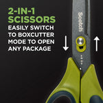 Non-Stick Unboxing Scissors, 8" Long, 2.7" Cut Length, Straight Green/Black Handle