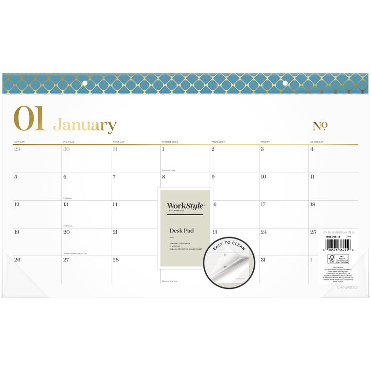 WorkStyle Compact Monthly Desk Pad Calendar, 17.75 x 11, White Sheets, Blue/Gold Headband, 12-Month (Jan to Dec): 2025