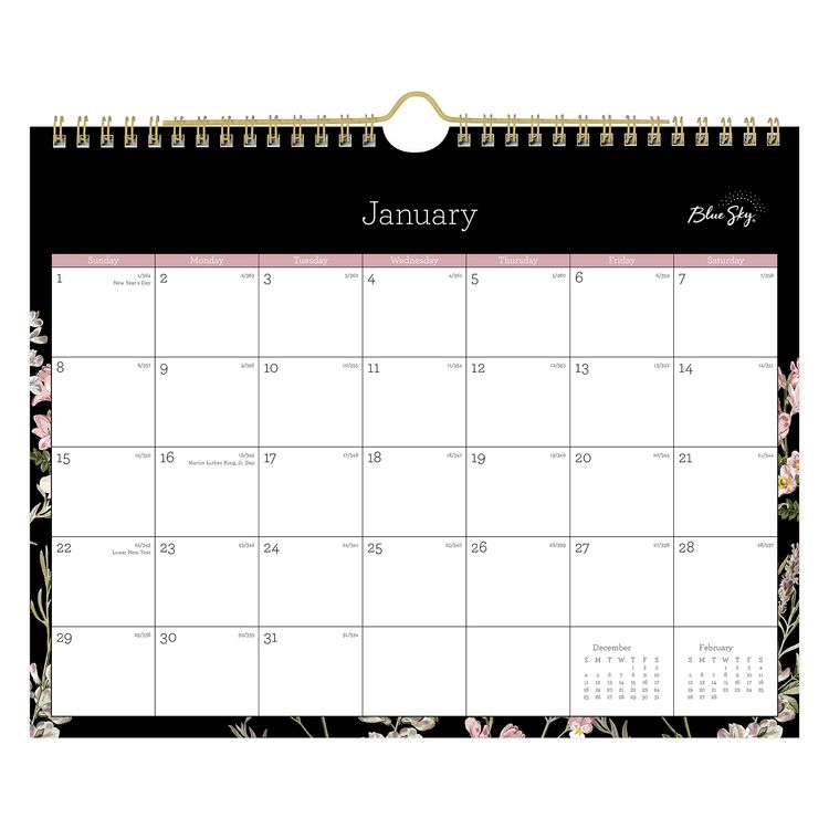 Neveah Monthly Wall Calendar, Floral Artwork, 11" x 8.75", White/Black/Pink Sheets, 12-Month (Jan to Dec): 2025