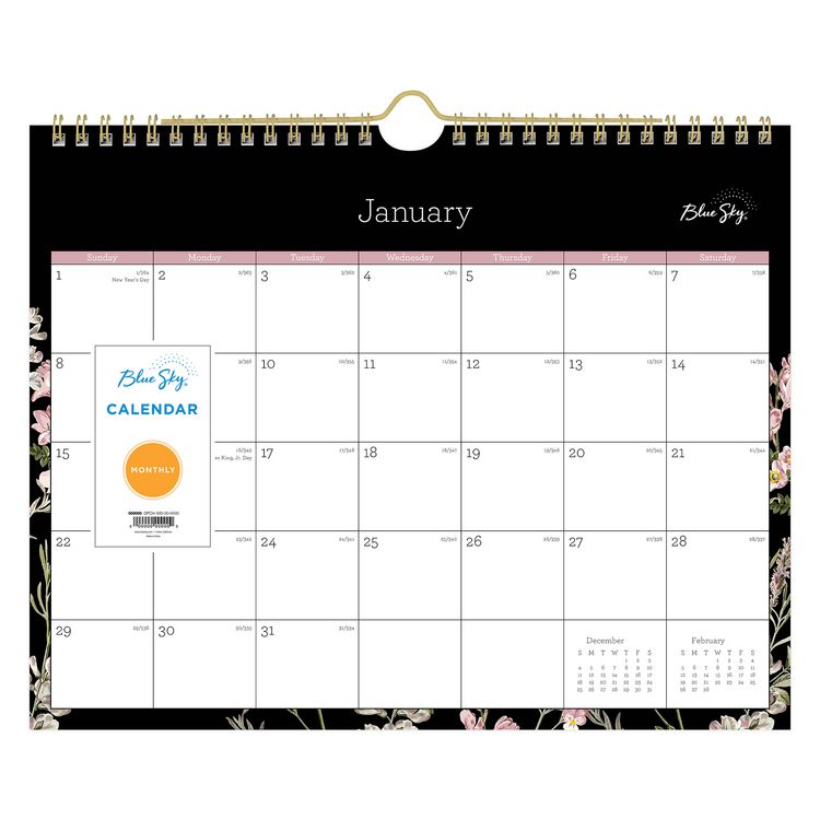 Neveah Monthly Wall Calendar, Floral Artwork, 11" x 8.75", White/Black/Pink Sheets, 12-Month (Jan to Dec): 2025