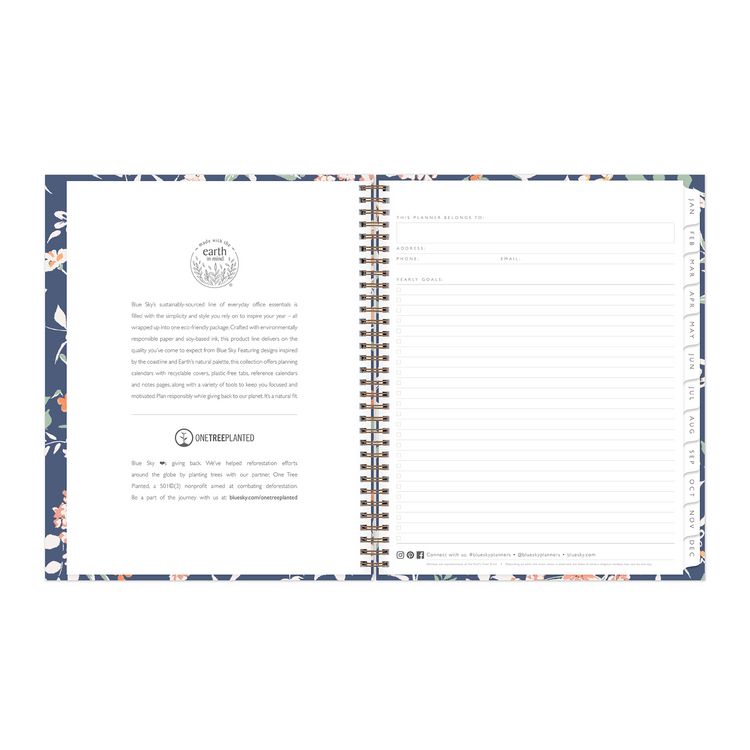 One Tree Planted Effie Weekly/Monthly Planner, Floral Artwork, 11" x 8.5", Blue/Peach/Green Cover, 12-Month (Jan-Dec): 2025