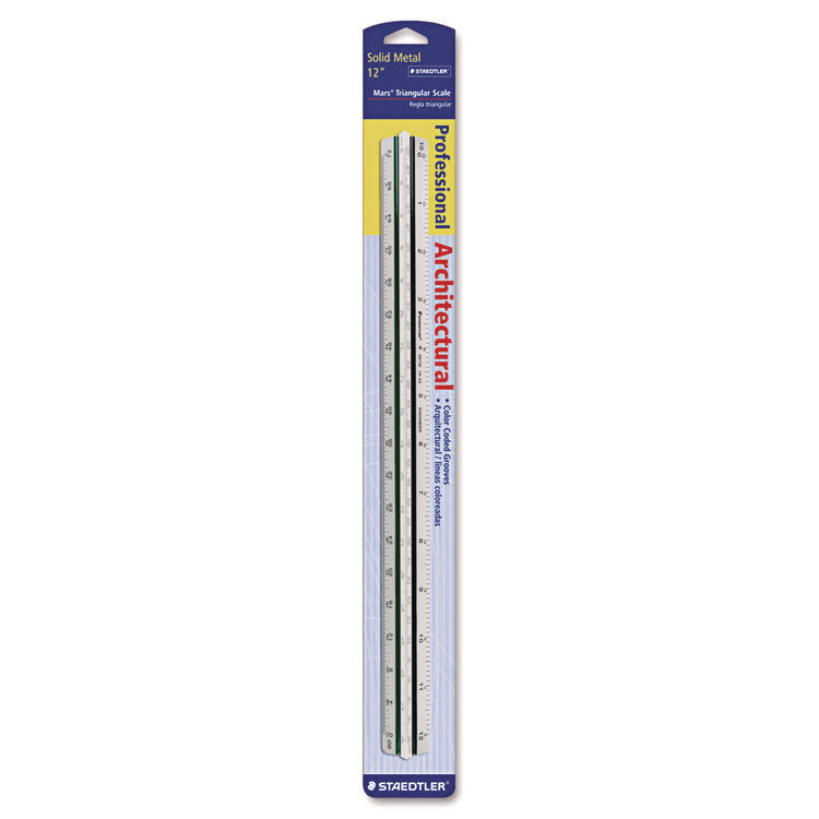 Triangular Scale For Architects, Color-Coded Grooves, 12" Long, Plastic, White, Blister Pack