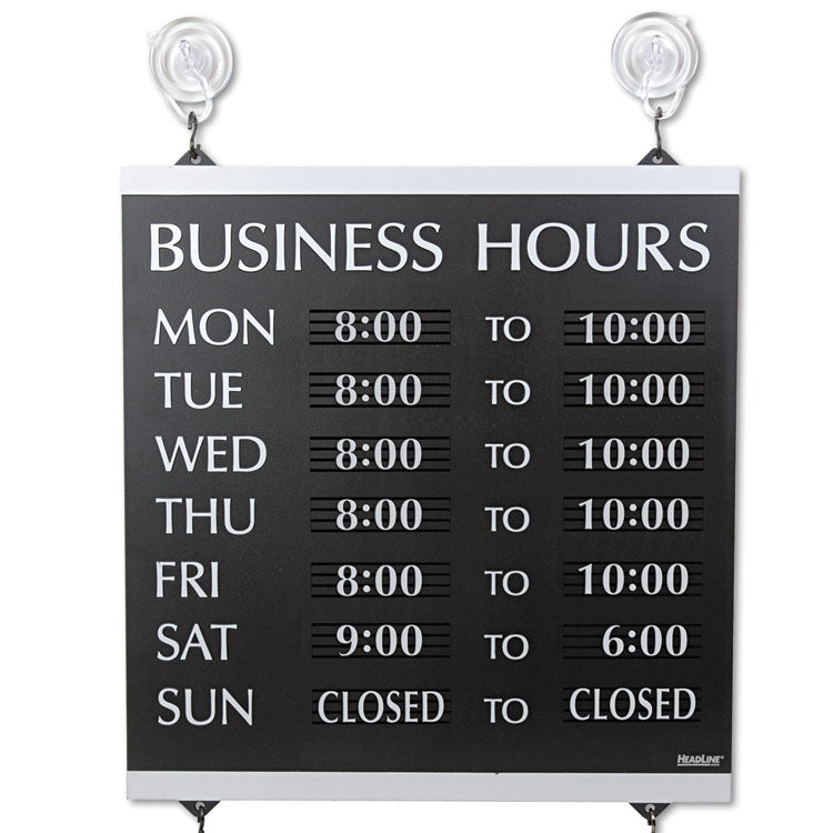 Century Series Business Hours Sign, Heavy-Duty Plastic, 13 X 14, Black
